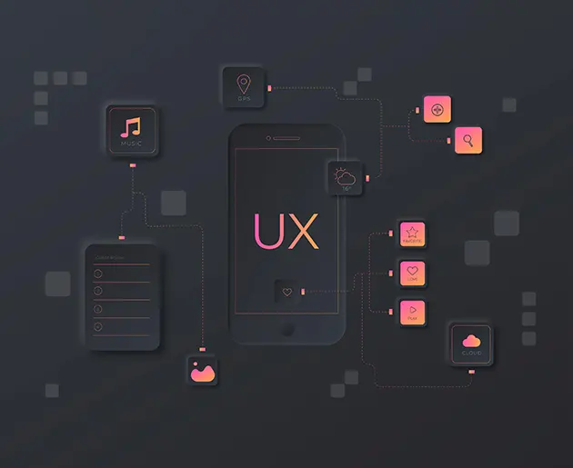 Ein Smartphone umgeben von anderen Symbolen, welche das UX Design darstellen, welche wichtig für ein professionelles Webdesign ist.